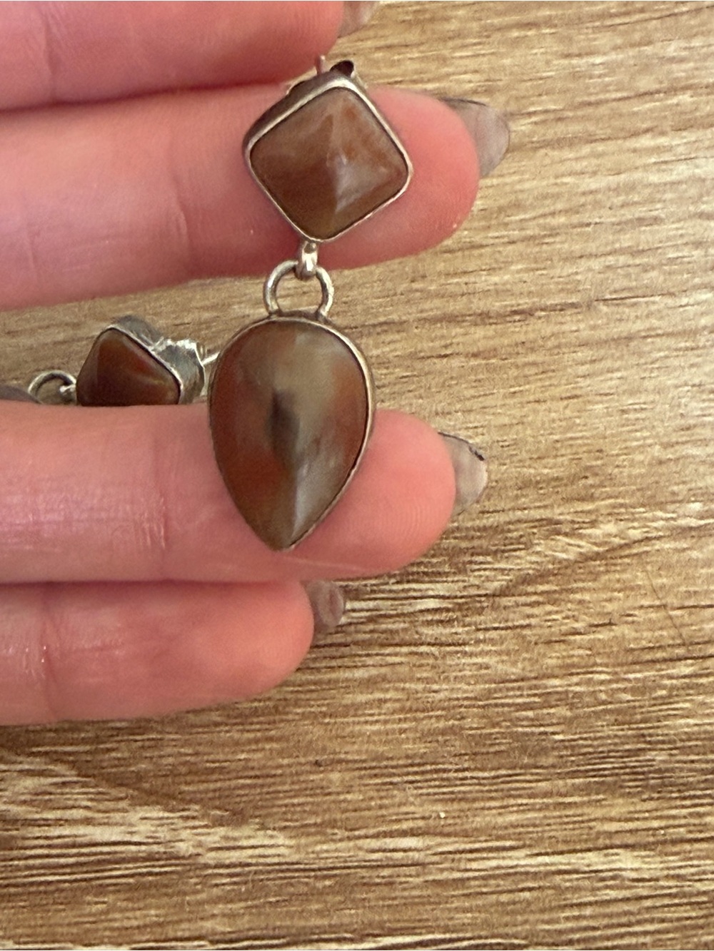 Sterling Silver Petrified Wood Gemstone Drop Earrings Artisan Boho